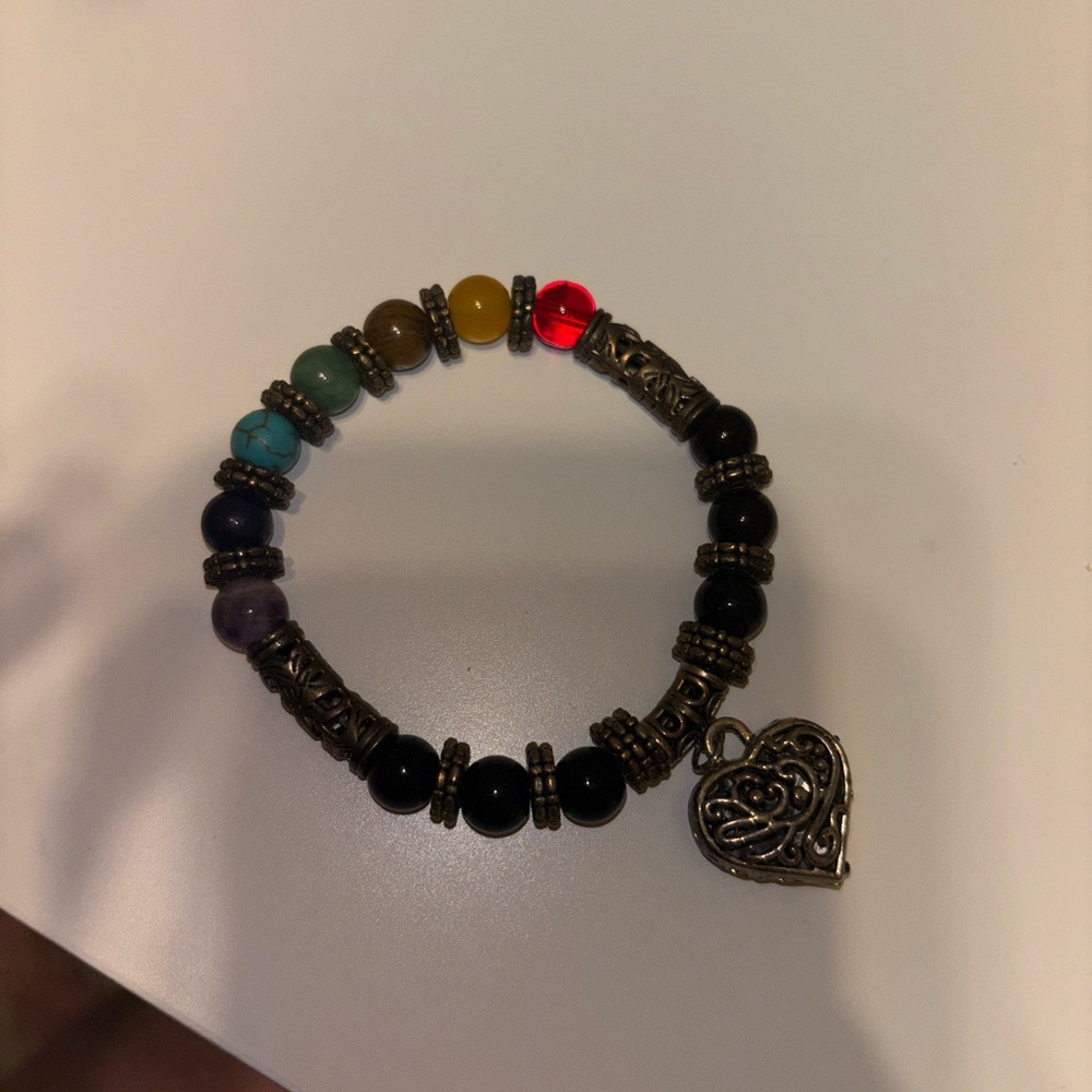 Rainbow Beaded Bracelet with Silver Heart Charm